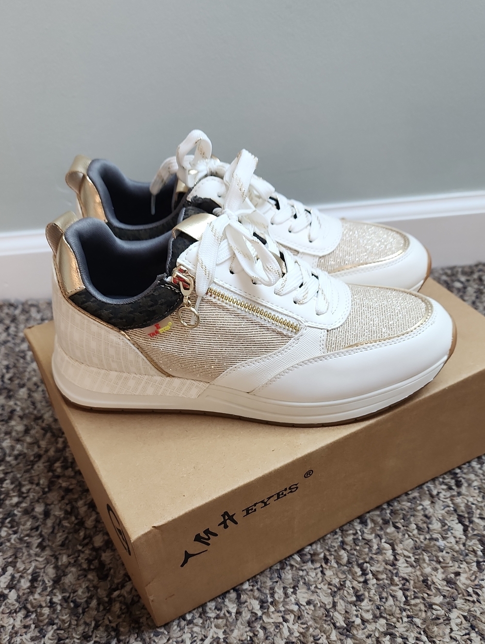 White & Gold Women's Casual Lace-Up Sneakers with Zip Accent